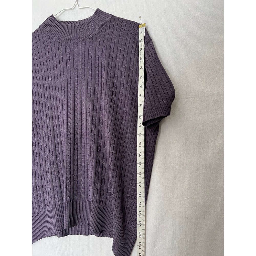 100% Silk Cable Knit Sweater Mock Neck Short Sleeve Purple M Quiet Luxury - Picture 6 of 7
